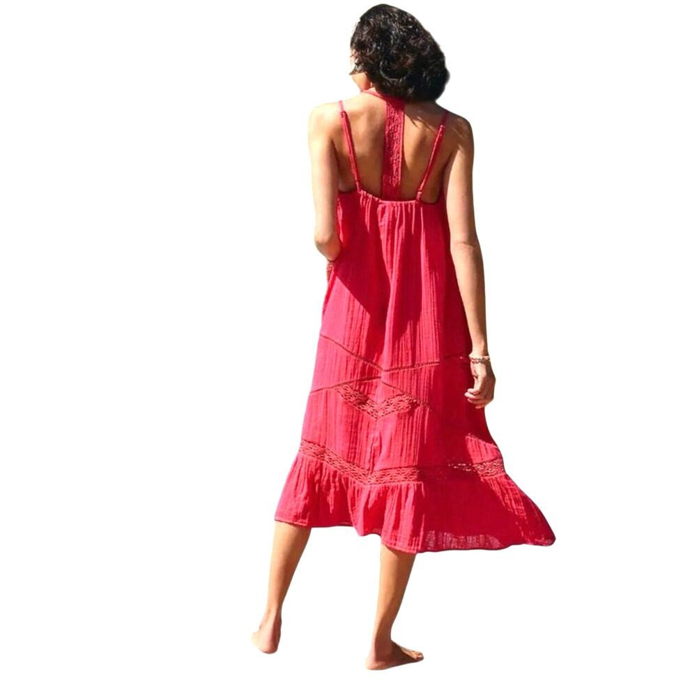 ANTHROPOLOGIE Women’s Boho Pink Lace Trim Crinkle Gauze Midi Dress - Picture 2 of 6